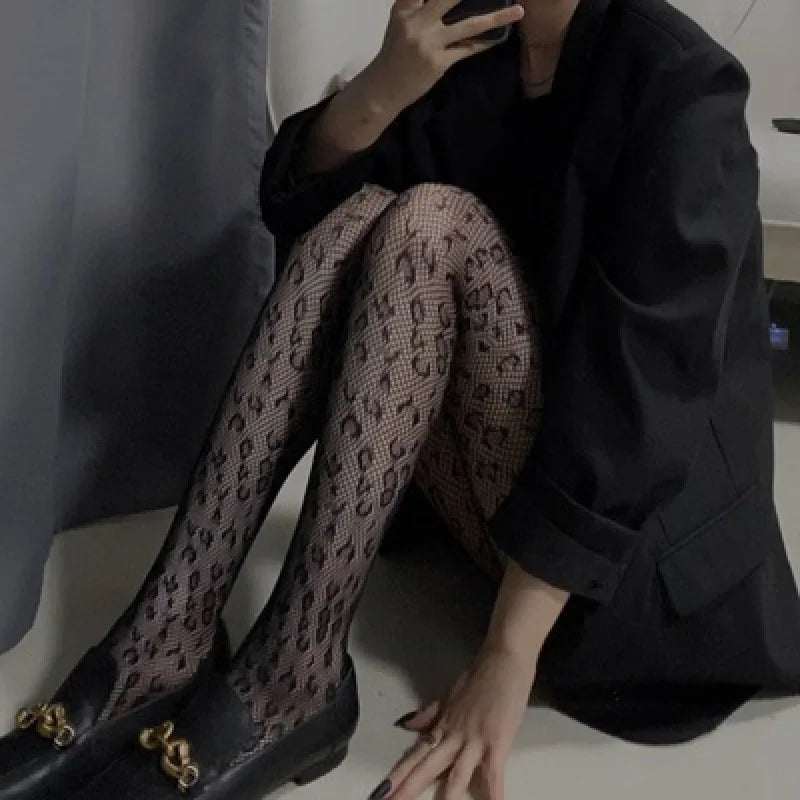 Vintage Leopard Print Jacquard Pantyhose Women's Sexy Slimming Hollow Net Socks Black Stockings