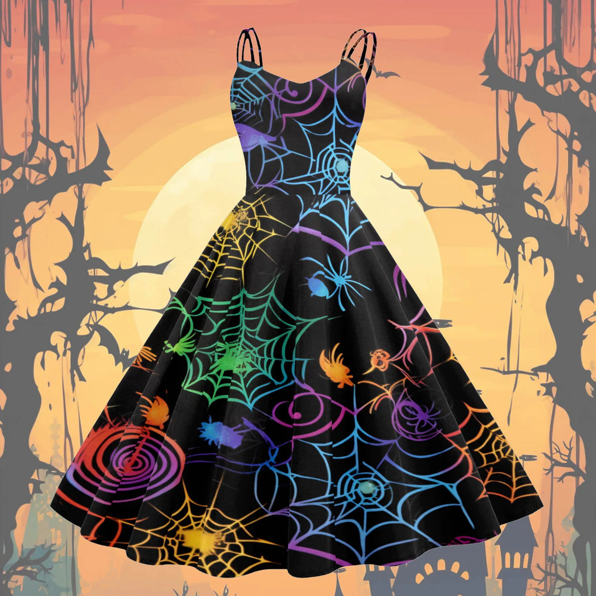 Retro Halloween Dress Women Spaghetti Strap 50S 60S Vintage Party Dresses Spider Web Witch Scary Holloween Cosplay Costumes Robe