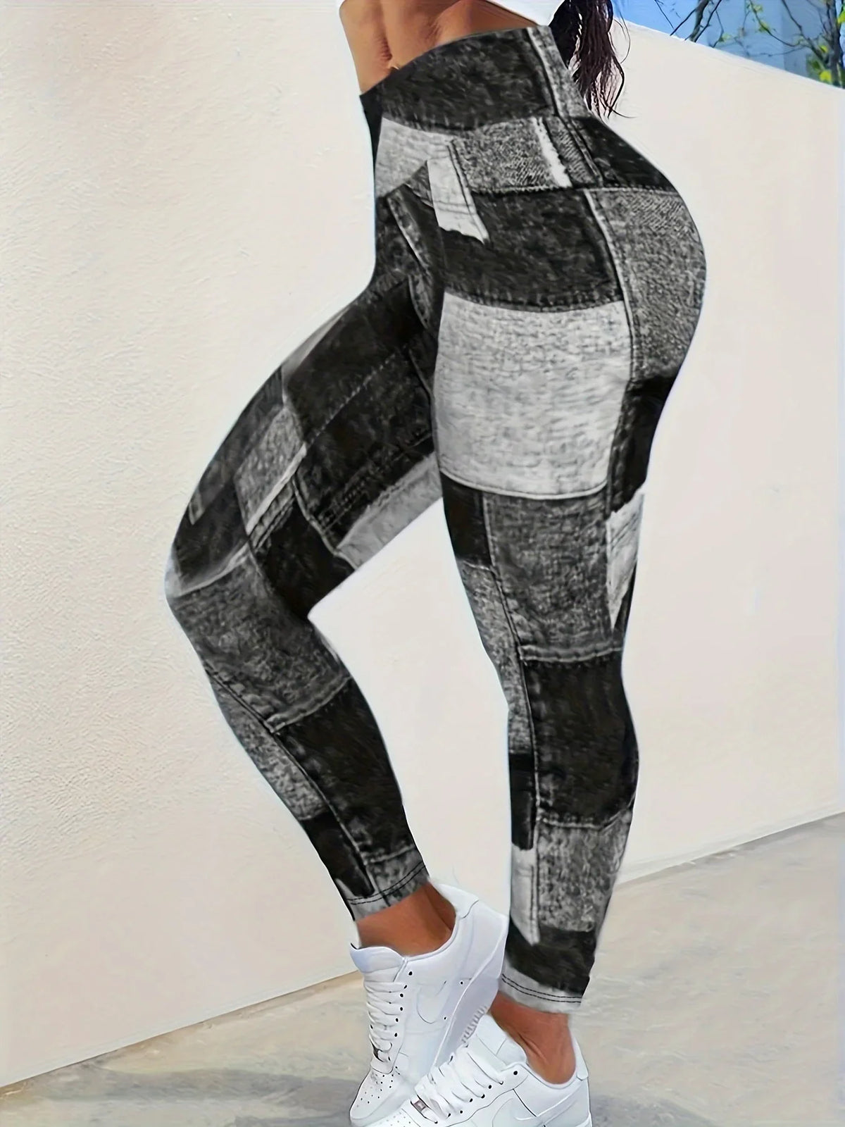 Women’s Plus-Size Printed Plaid Spliced Yoga Leggings - High-Waisted Slim Exercise Pants