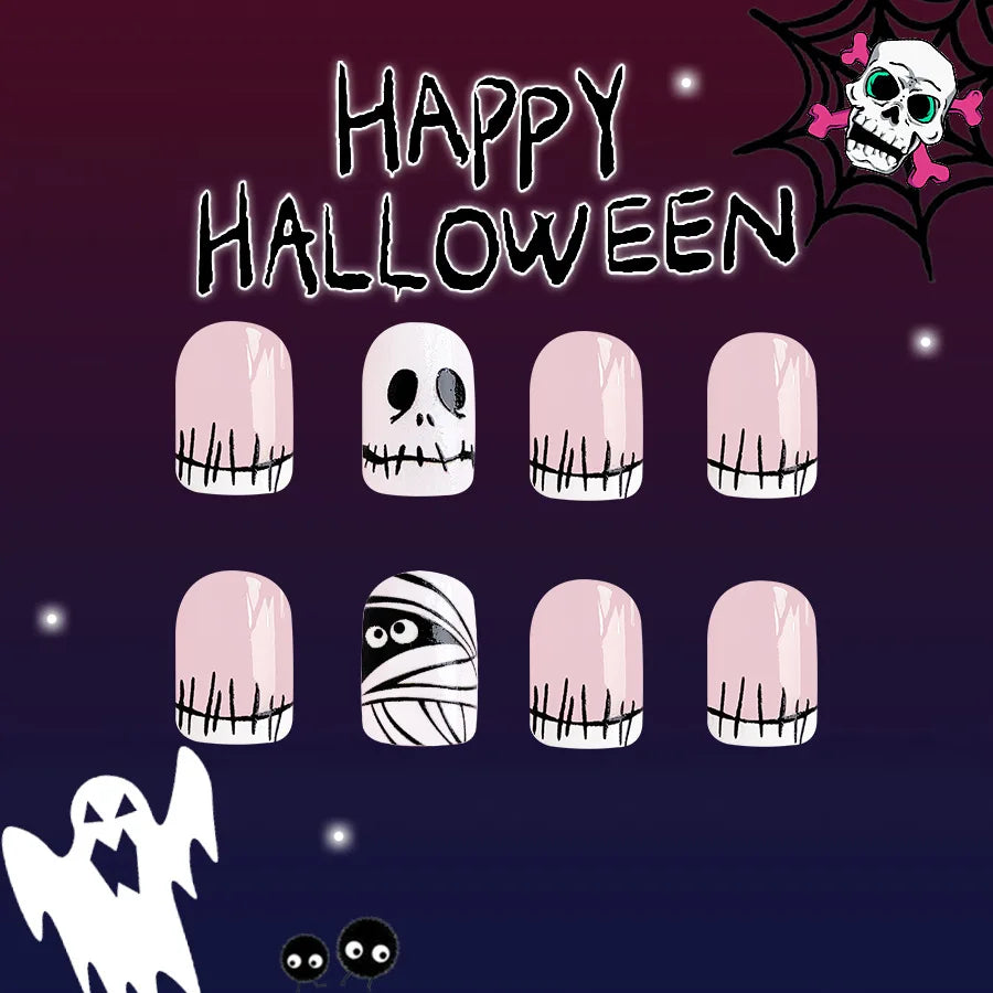 24Pcs Halloween Little Ghost Press-On Fake Nails – Creative French Design Short Square Acrylic Nails for Halloween