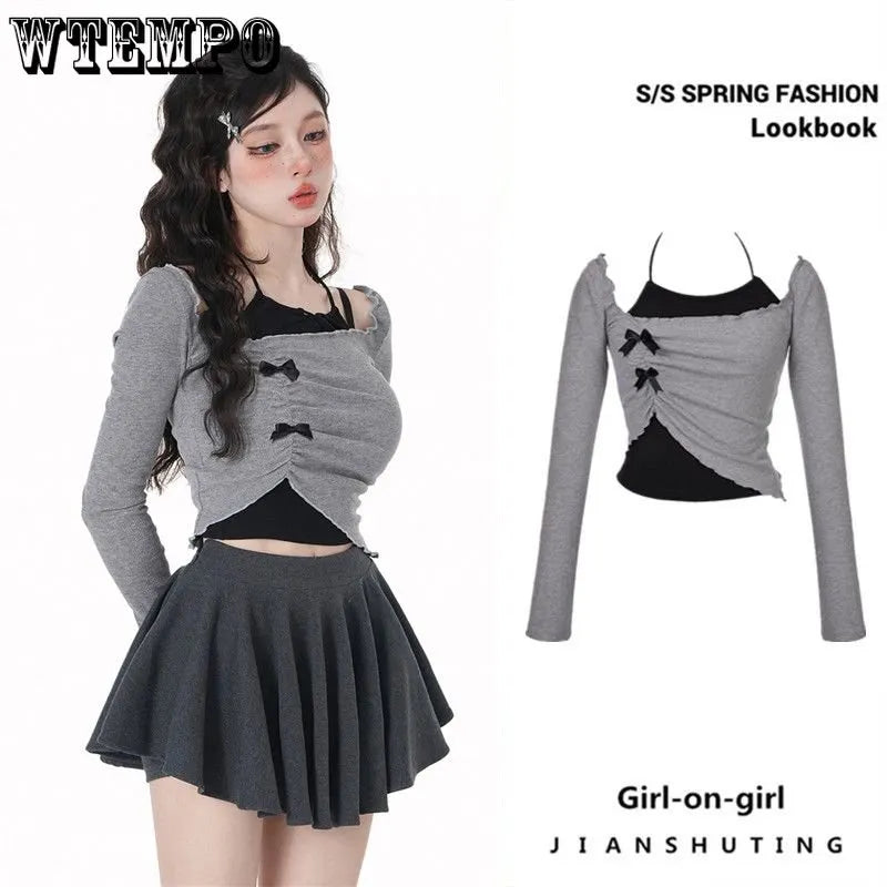 Y2K Grey Two-Piece Set - Spicy Girl Top with Slim Sexy Hot-Sweet Women's Short Shirt, Off-Shoulder Long-Sleeved T-shirt with Hanging Neck Bow