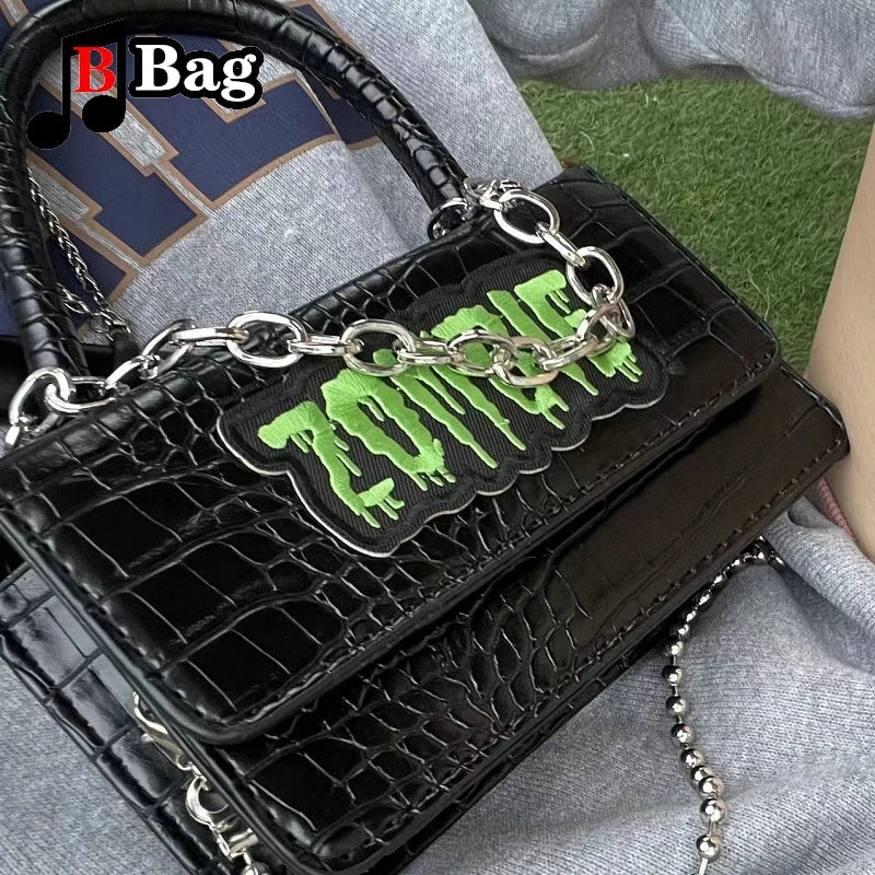 Y2K Punk Zombie Embroidered Bag | Women’s Gothic Crocodile Print PU Leather Shoulder Bag | Trendy Handbag Female Messenger Bag