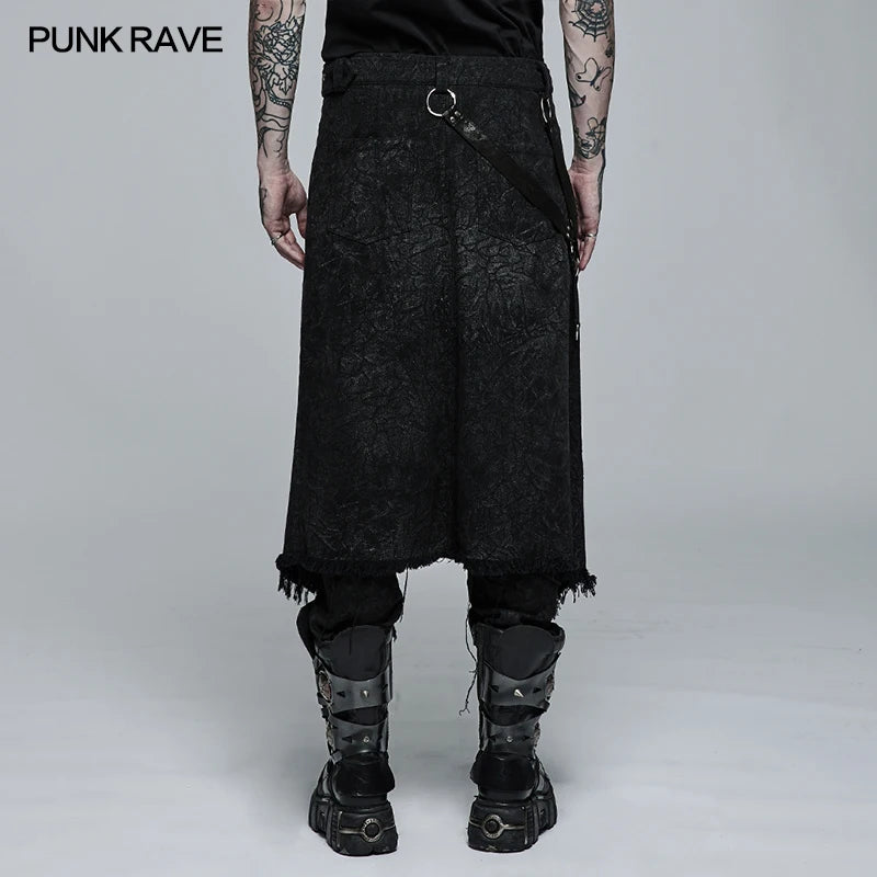 PUNK RAVE Men's Gothic Dark Textured Printed Stylish Kilt Decorated Which Is Detachable Leather Loop Party Club Men Skirts Pants