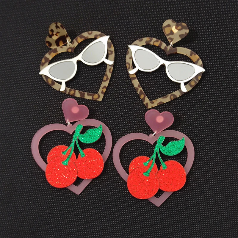 KUGUYS Heart Cherry Sunglasses Dangle Earrings | Leopard Acrylic Fashion Jewelry | Summer Beach Party Accessories for Women