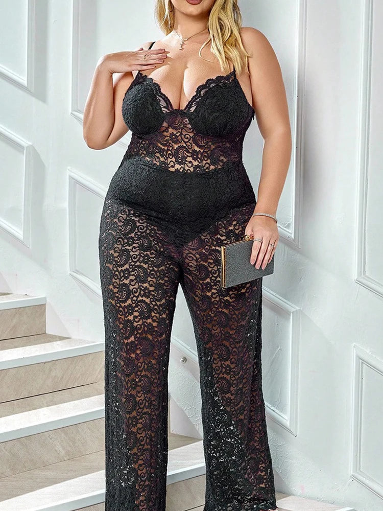 Plus Size Summer Spaghetti Strap Lace Jumpsuit | Sexy Transparent Straight Pant Hollow Out One Piece Jumpsuit