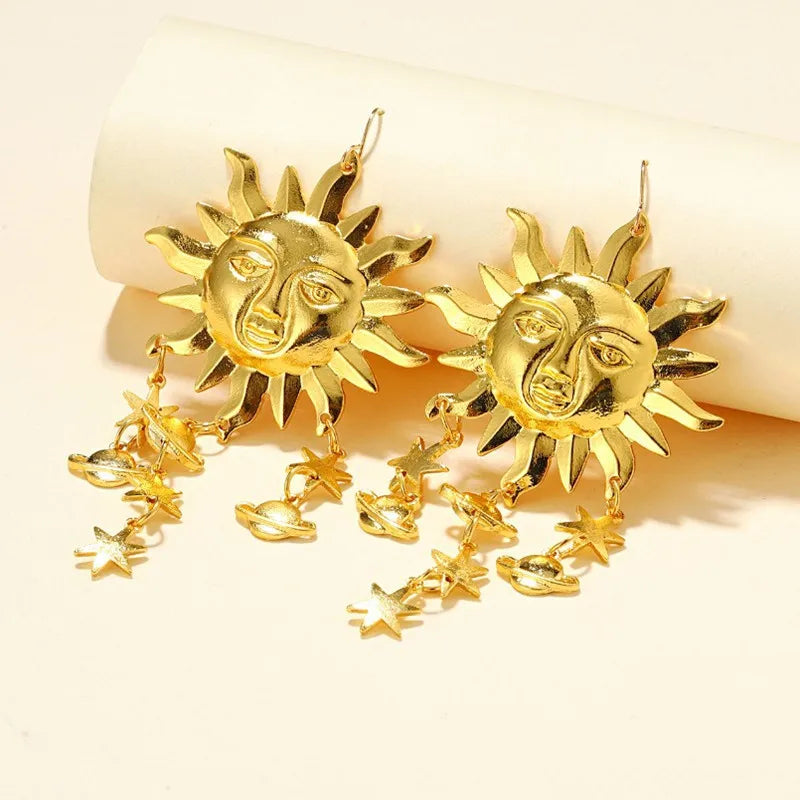 Trendy Sun Star Tassel Earrings: European & American Fashion - Unique Smiling Face Planet Jewelry for Women