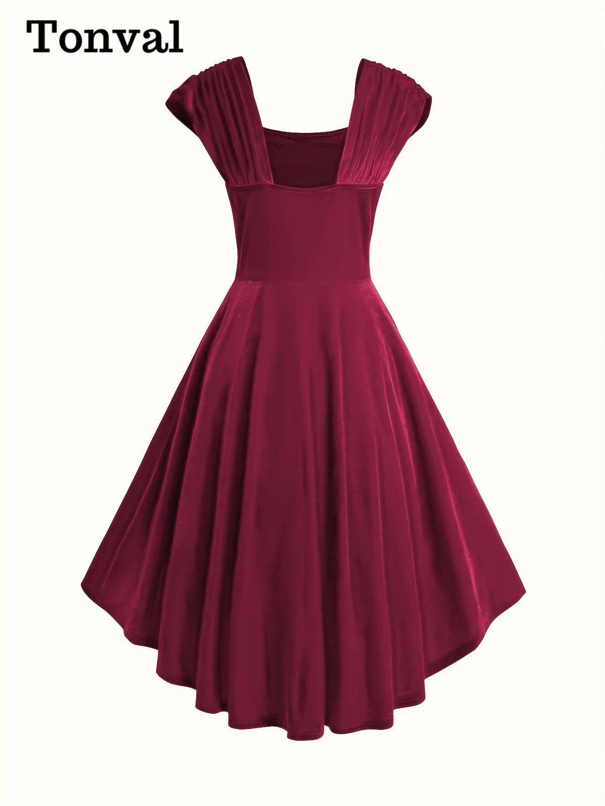 Tonval Square Neck Buttons Front High Low Hem Burgundy Dress 2024 Elegant Evening Party Women Vintage Style Dresses