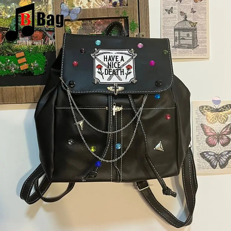 Women’s Handbag Splicing Colorful Gem Chain | Gothic Harajuku Backpack Retro Punk Drawstring Design with Rivets