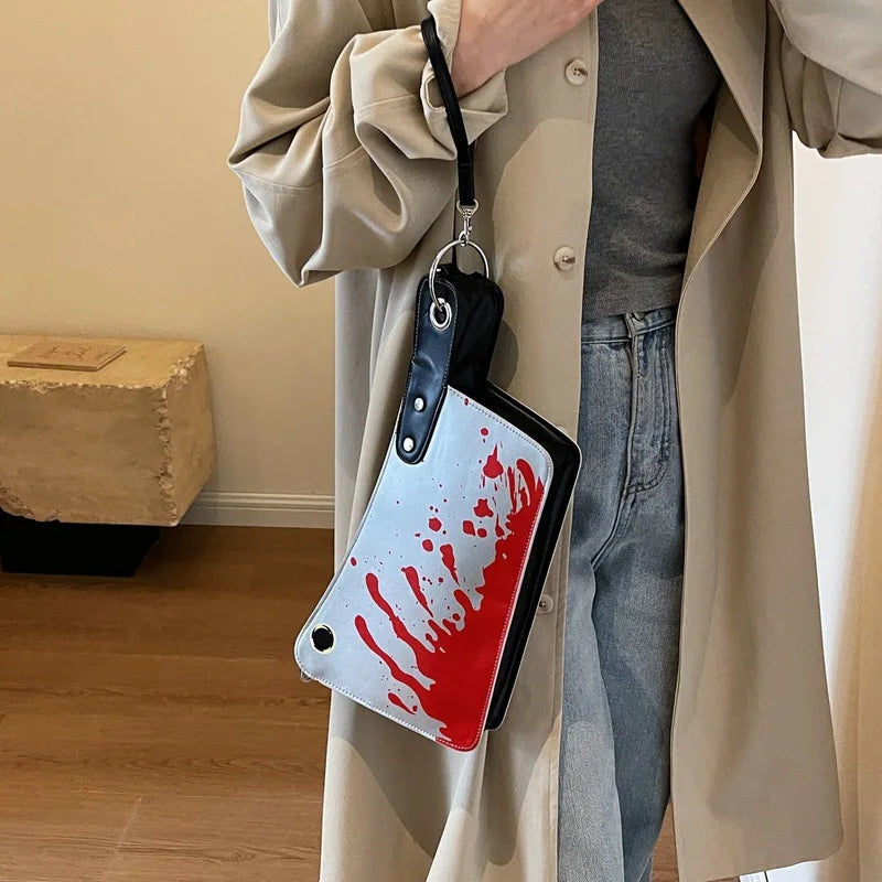 Unique Horror-Inspired Small Leather Handbag for Women - Bloody Knife Shaped Crossbody Shoulder Bag with Top Handle, Fun and Fashionable