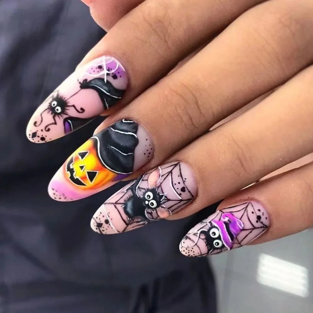 24pcs Matte Almond Halloween Press-On Nails – Pumpkin, Bat, and Spider Full Cover DIY False Nail Tips