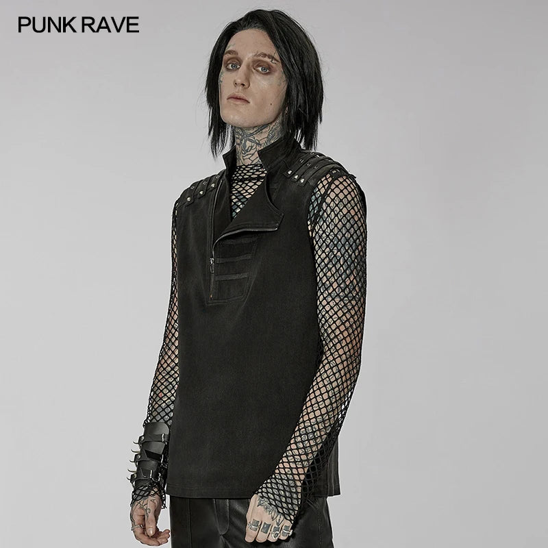 PUNK RAVE Men's Punk Handsome Asymmetric Twill Vest Shoulder Decorative Loop Casual  Tank Tops Four Seasons Men Clothing