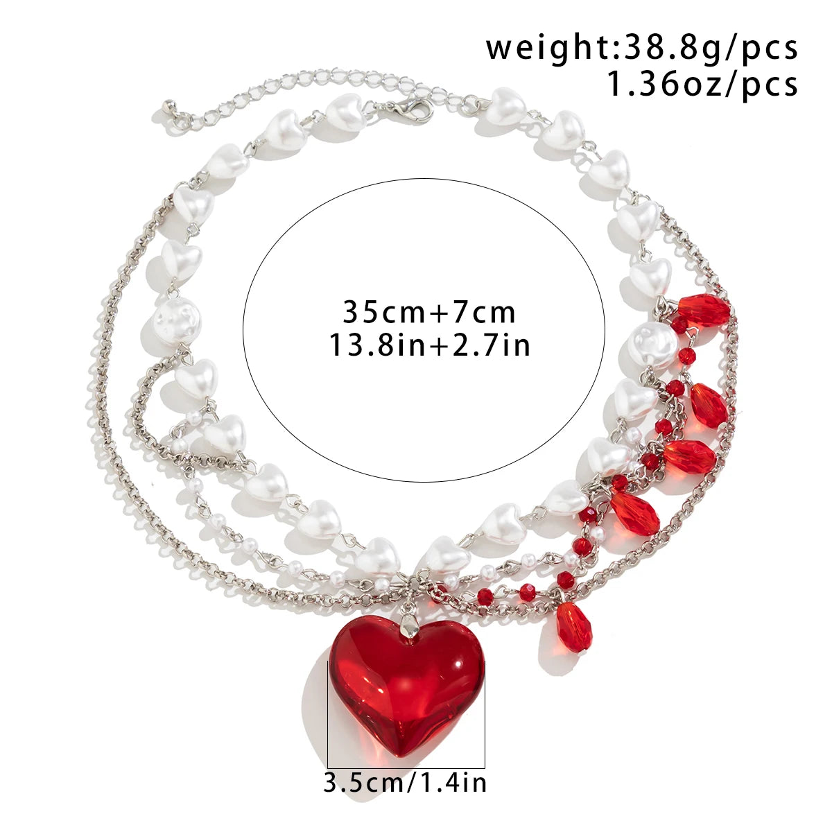 IngeSight.Z Luxury Multi-Layered Red Crystal Peach Heart Pendant Necklace | Women’s Elegant Imitation Pearl Link Chain Jewelry