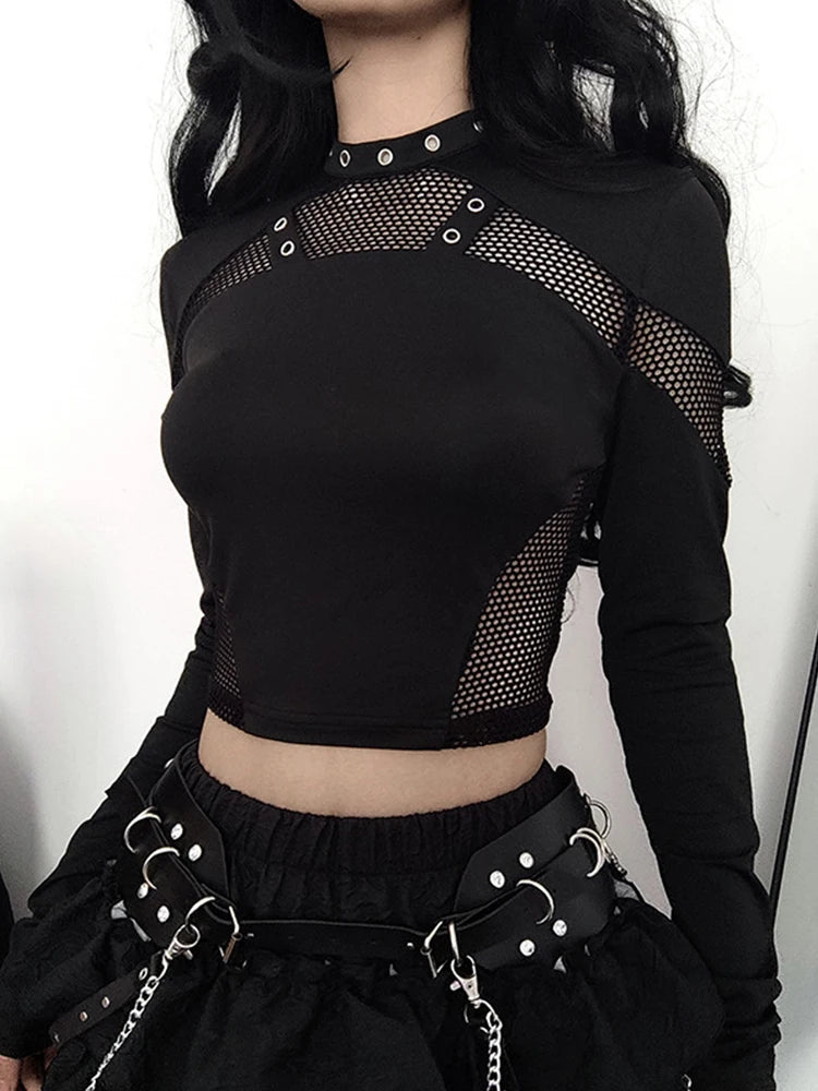 AltGoth Dark Punk Cyber T-Shirt - Gothic Streetwear with Mesh Patchwork, Long Sleeve O-Neck Crop Top, Harajuku Style Sexy Women's Clothing