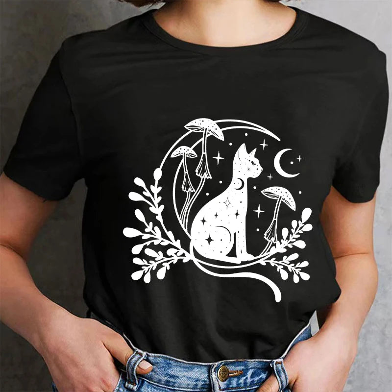 Cat Moon T-Shirt - Women's Halloween Cute Cartoon Y2K Witchy Print Blouse, Vintage Aesthetic Tee