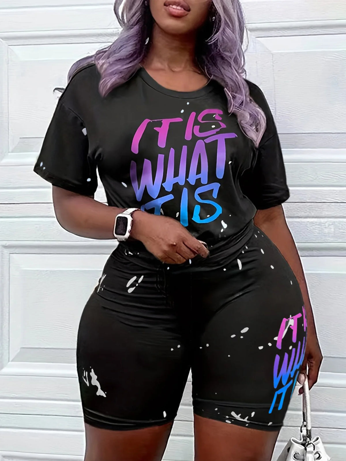 LW Plus Size Gradient Letter Print Shorts Set – Summer Short Sleeve T-Shirt + Skinny Shorts, Casual Women’s Clothing