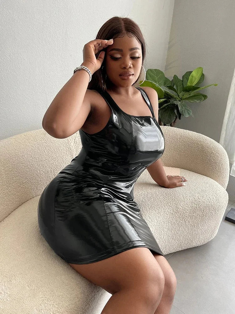 Summer Women Plus Size Tank Dress Big 5XL 6XL 7XL Sexy Patent Leather Short Mini Dresses Bodycon Sleeveless Clothing Custom