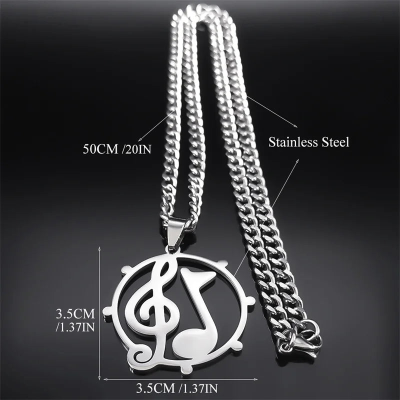 Stainless Steel Musical Note Pendant Necklace for Women and Men, Hip Hop Rock Music Band Jewelry