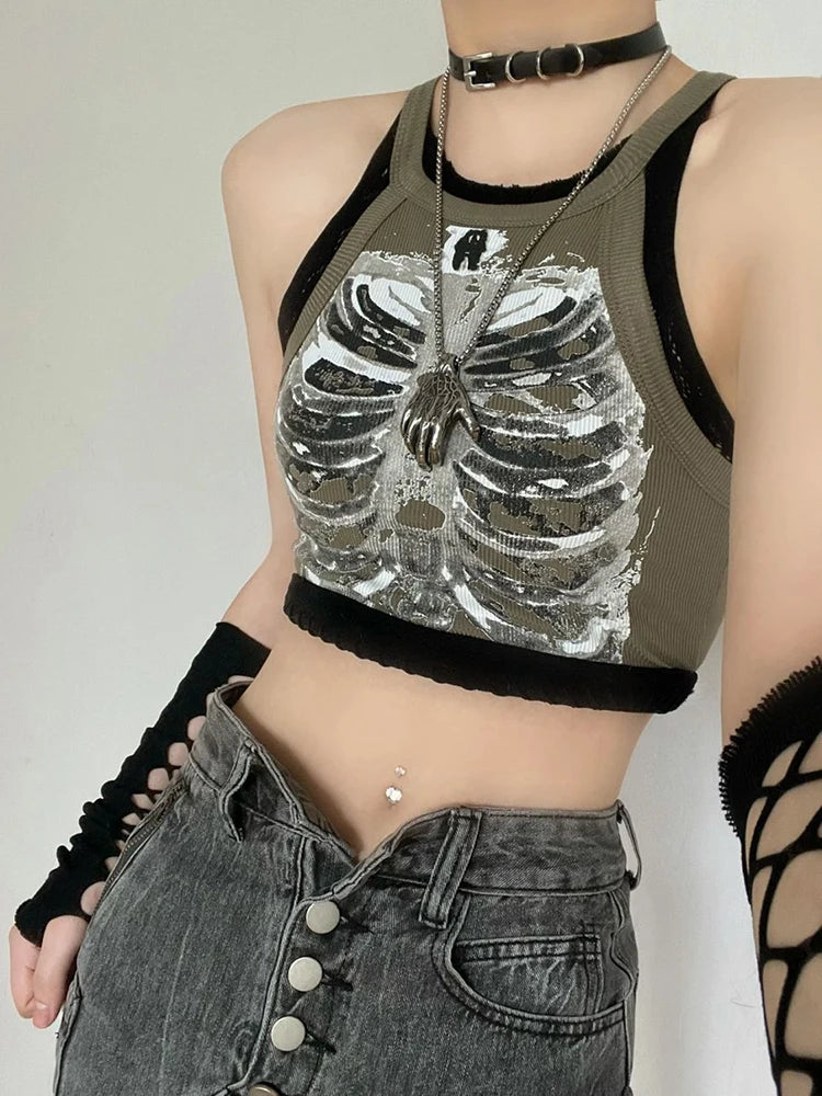 Sexy Y2K Streetwear Vintage Gothic X-ray Skeleton Print  One Shoulder Sleeve Crop Top Women Summer 90s Tank Top Harajuku Graphic