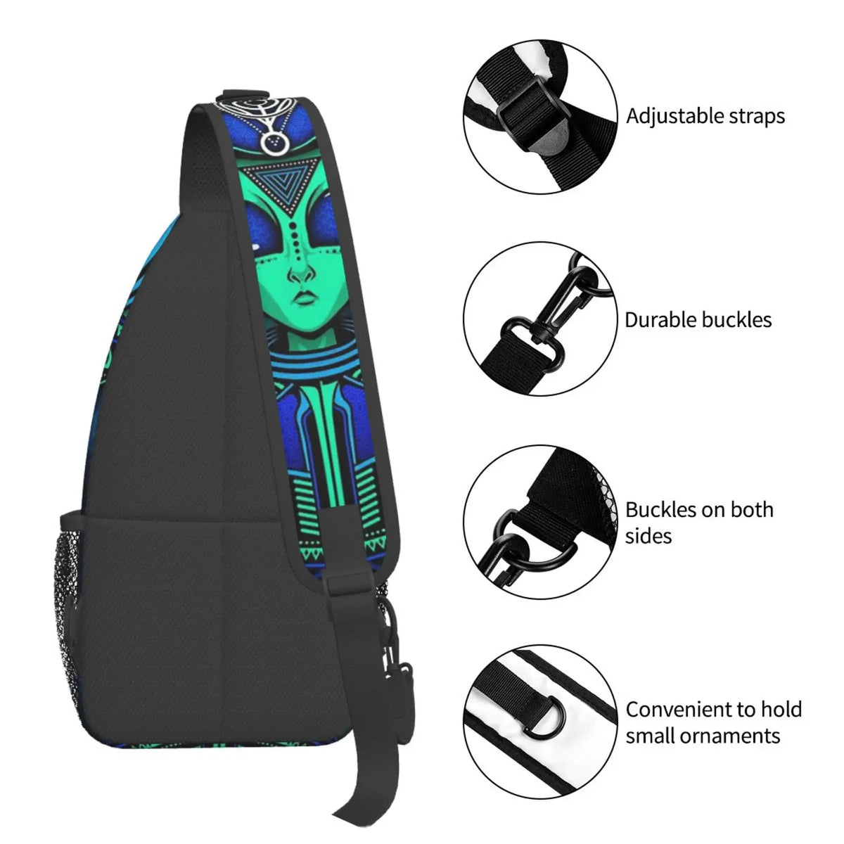 UFO Alien & Triangle Lotus Crossbody Backpack | Unisex Sling Chest Bag for Hiking, Gym, Travel