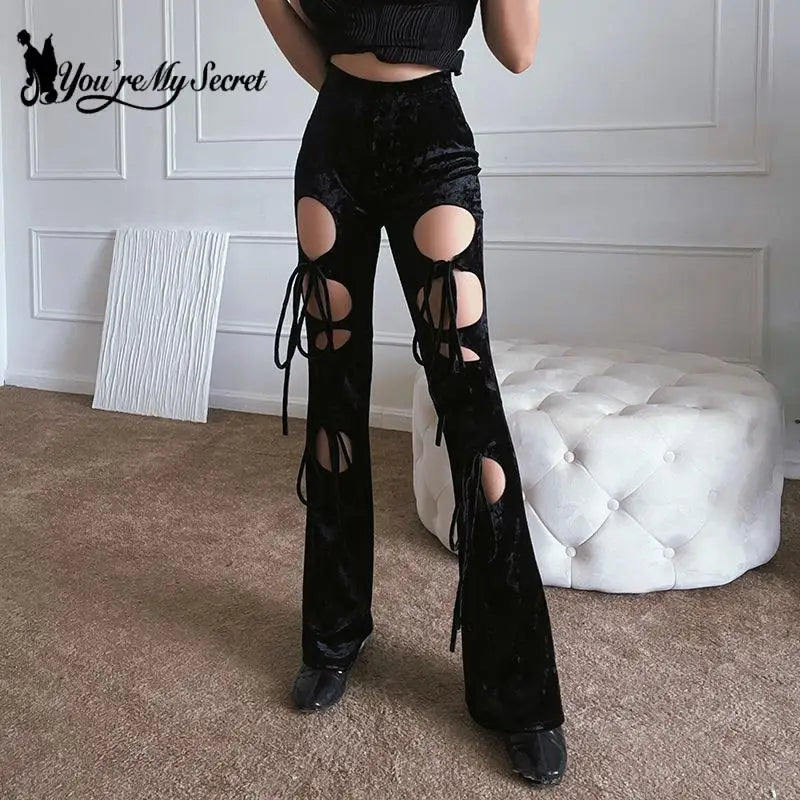 [You're My Secret] Goth Hollow Out Dark Velvet Pencil Pants Aesthetic Punk Sexy High Waist Trouser Y2K Bandage Women Bell Bottom