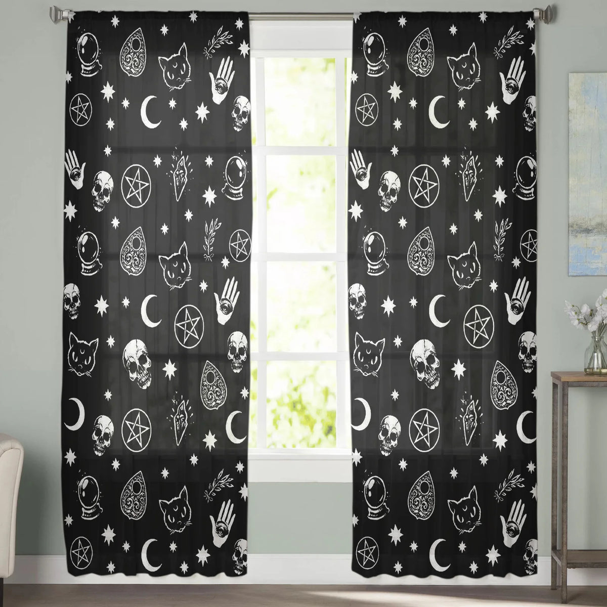 Black Witch Skull Moon Divination Sheer Curtains for Living Room, Bedroom, or Kitchen - Chiffon Window Treatment Drapes.