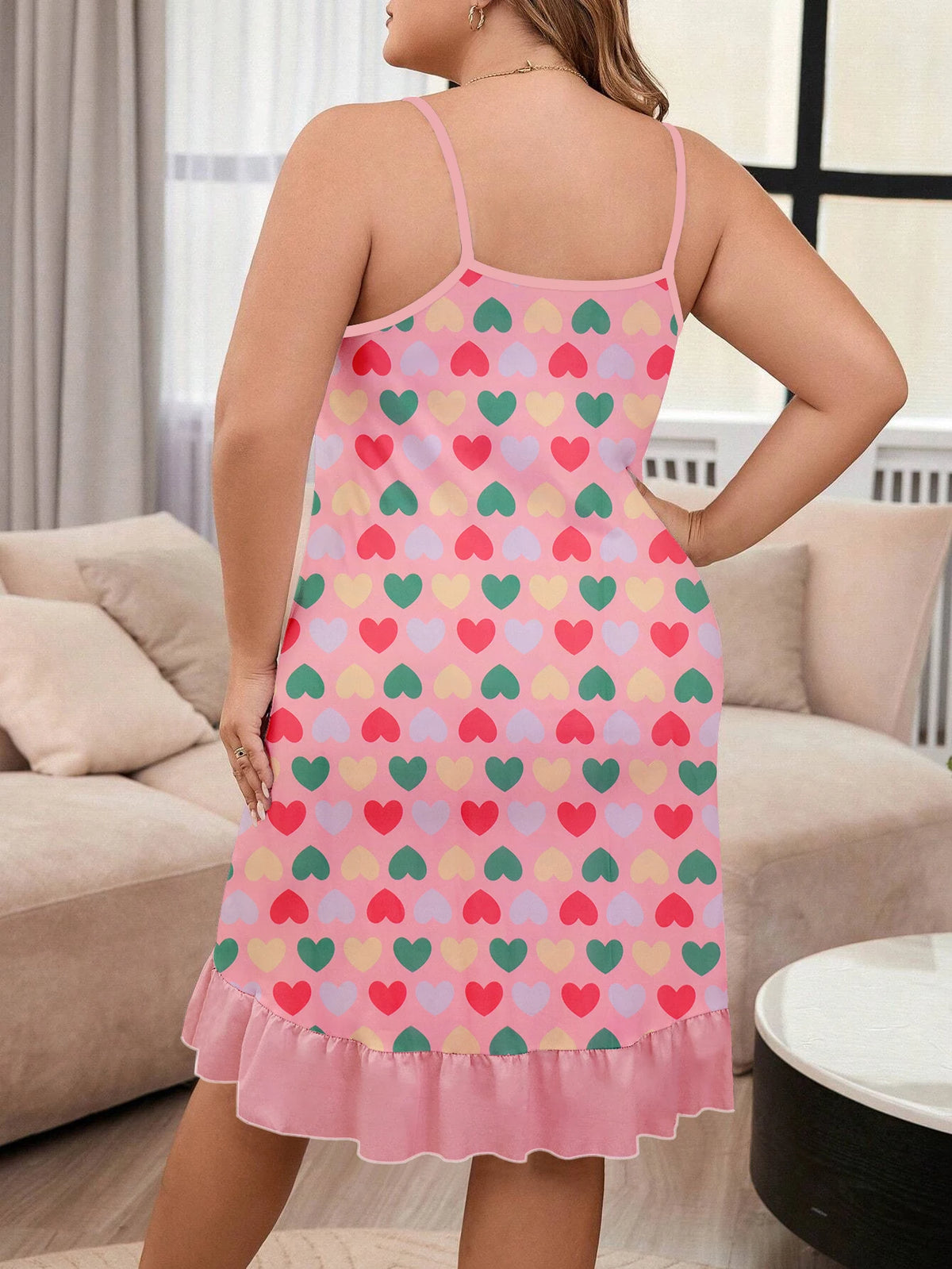 Plus Size Women's Sweet and Loose Heart-Shaped Printed Camisole Nightgown Pajamas