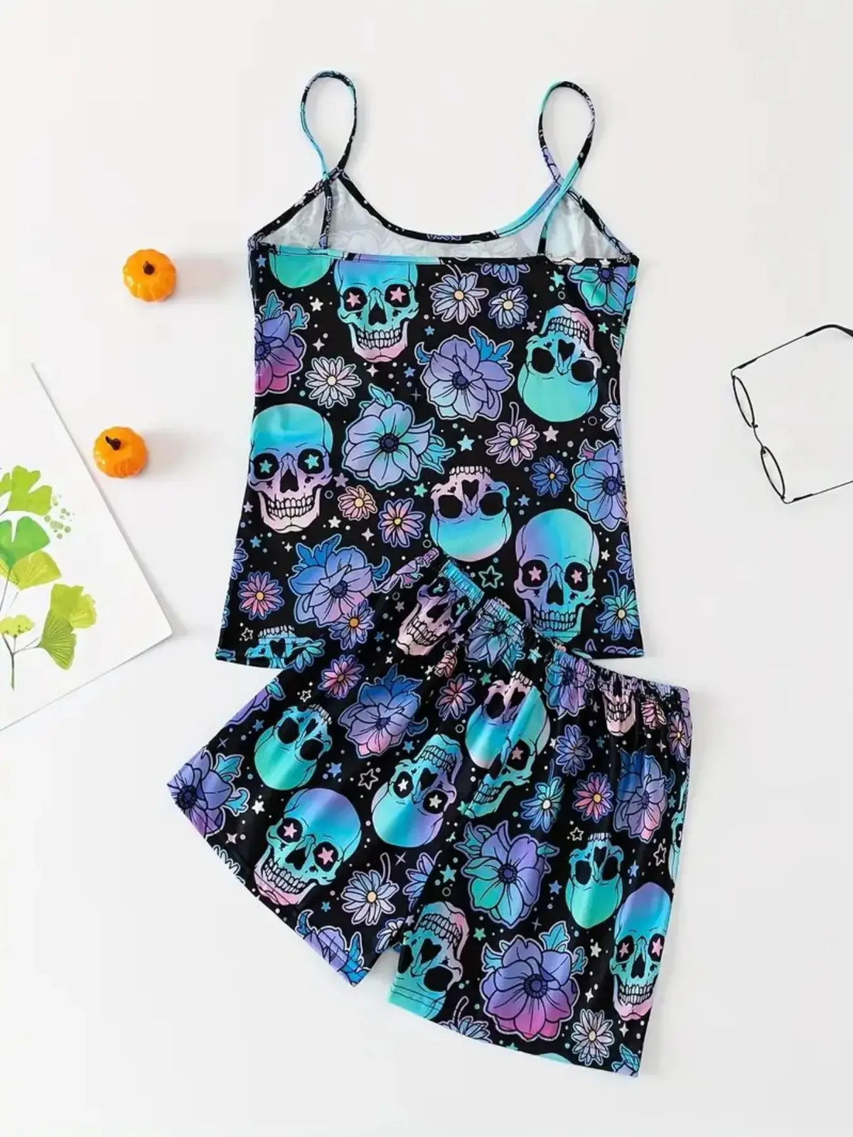 Women's 2pcs Cute Soft Comfy Halloween Pajama Set Summer Plus Size Skull Print Tank Top & Bow Front Shorts Sleepwear Set