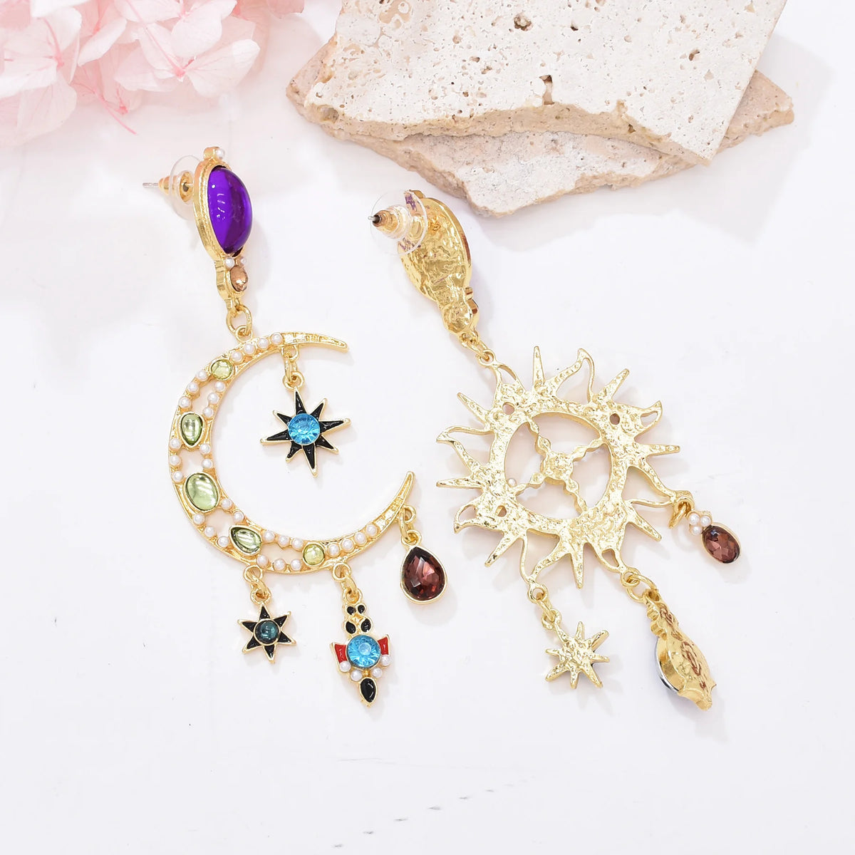 Luxury Colorful Crystal Sun Moon Asymmetric Tassel Fashion Earrings