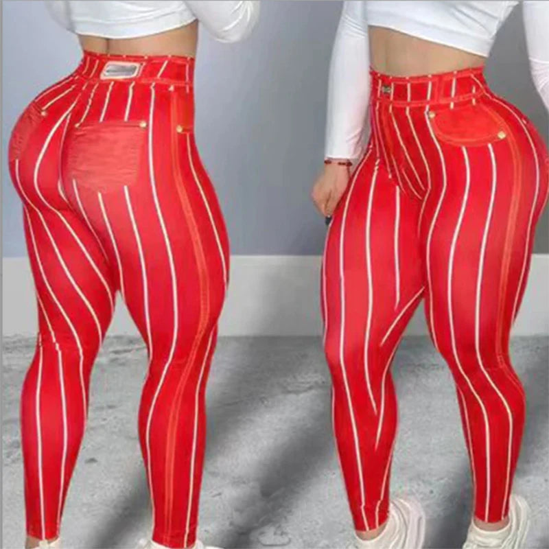 Women High Waist Sports Leggings Fashion Stripe Print Stretch Yoga Pants Sexy Tight Fitness Workout Gym Push Up Causal Pant