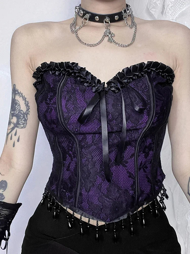 AltGoth Aesthetic Gothic Purple Vest – Vintage Cyber Punk Tassel Bandage Crop Tank Top, Y2K Indie Streetwear for Women