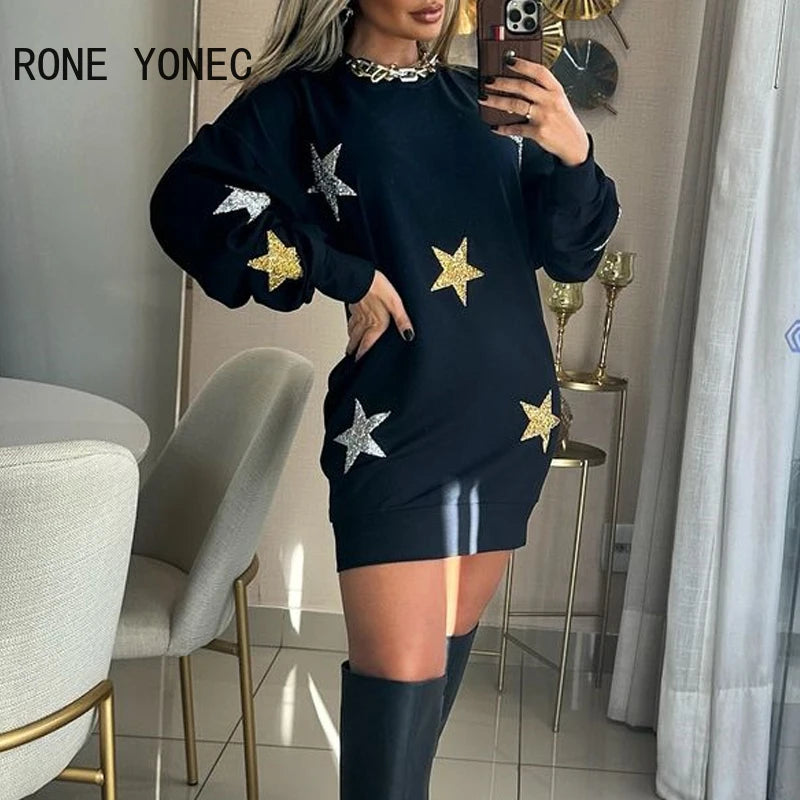 Women’s Round Neck Star Pattern Long Sleeve Loose Fit Mini Sweatshirt Dress