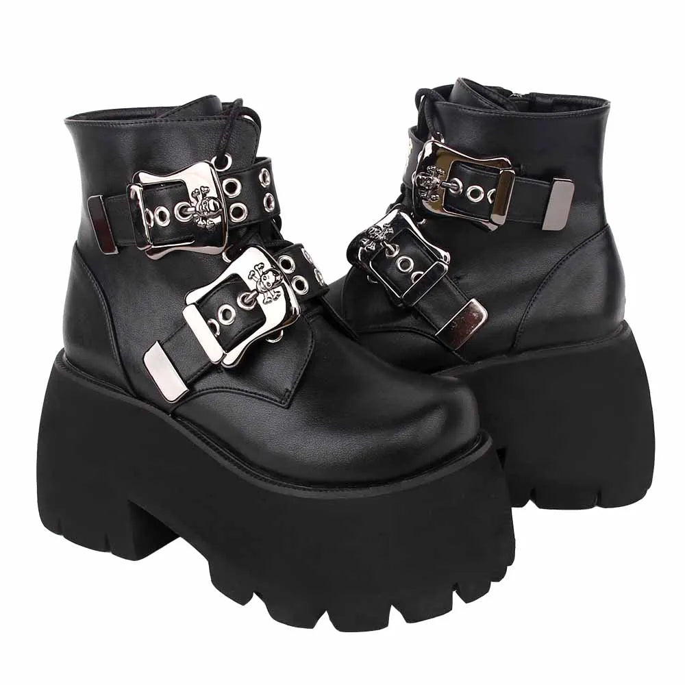 Angelic imprint Women Gothic motorcycle punk dark boots lady ankle Boots woman high heels pumps platform shoes skull lace up 558