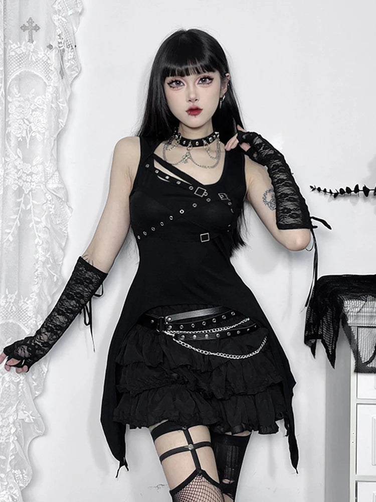 AltGoth Harajuku Cyber Y2k Gothic Vest Women Streetwear Hipster Eyelet Bandage Irregular Hem Crop Tank Tops Punk Rave Outfits