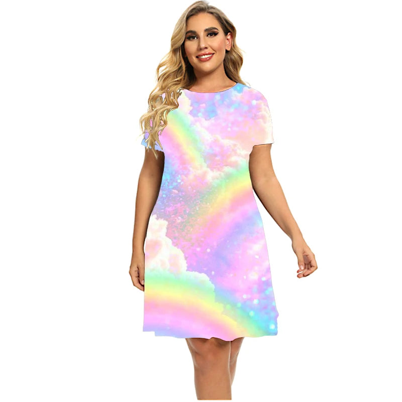 Stars And Moon Gradient Rainbow Women’s Short Sleeve O-Neck A-Line Plus Size T Shirt Dresses