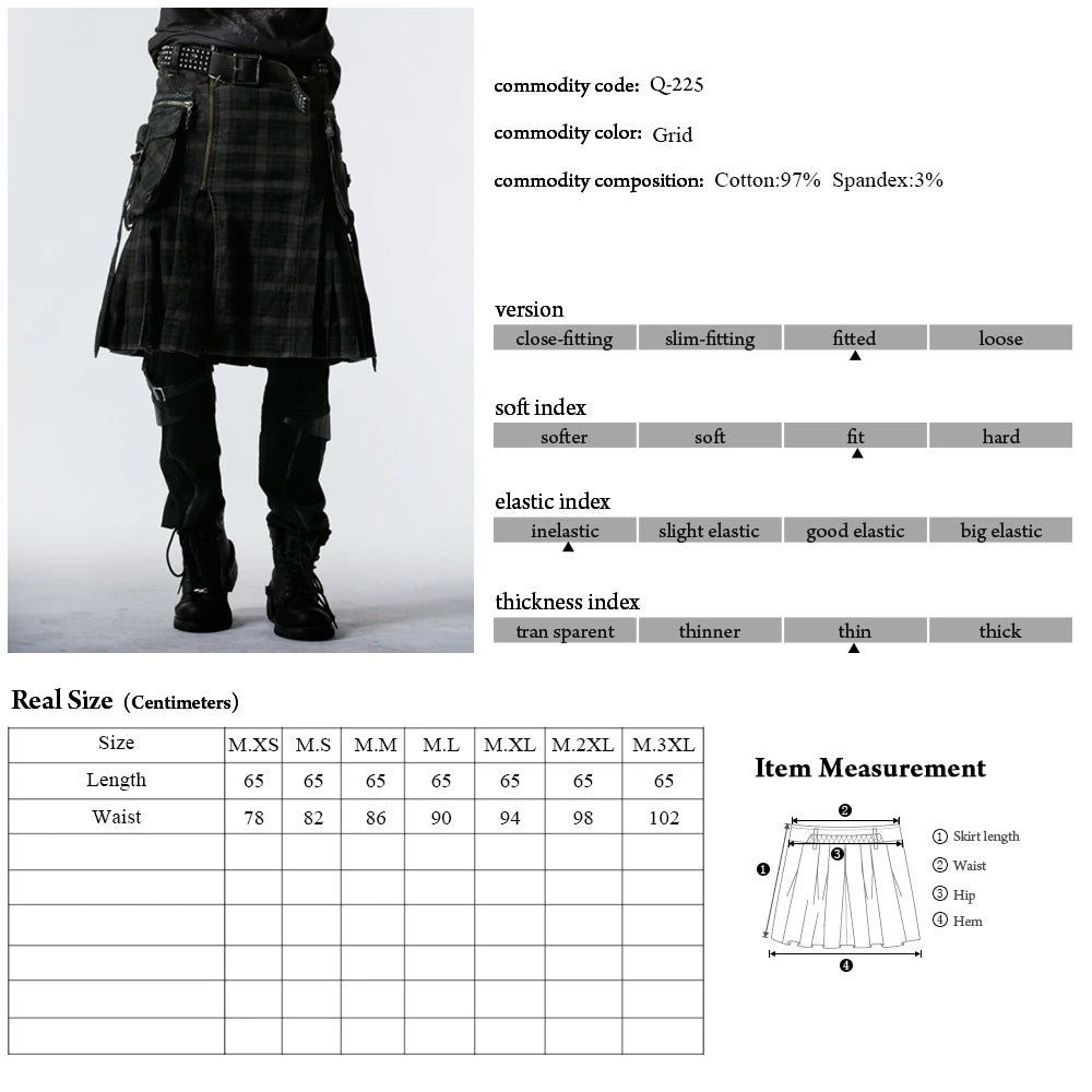 PUNK RAVE Punk Rock Trousers Mens Fashion Pants Cargo Personality Scottish Kilts Check Pattern Long Half Skirts