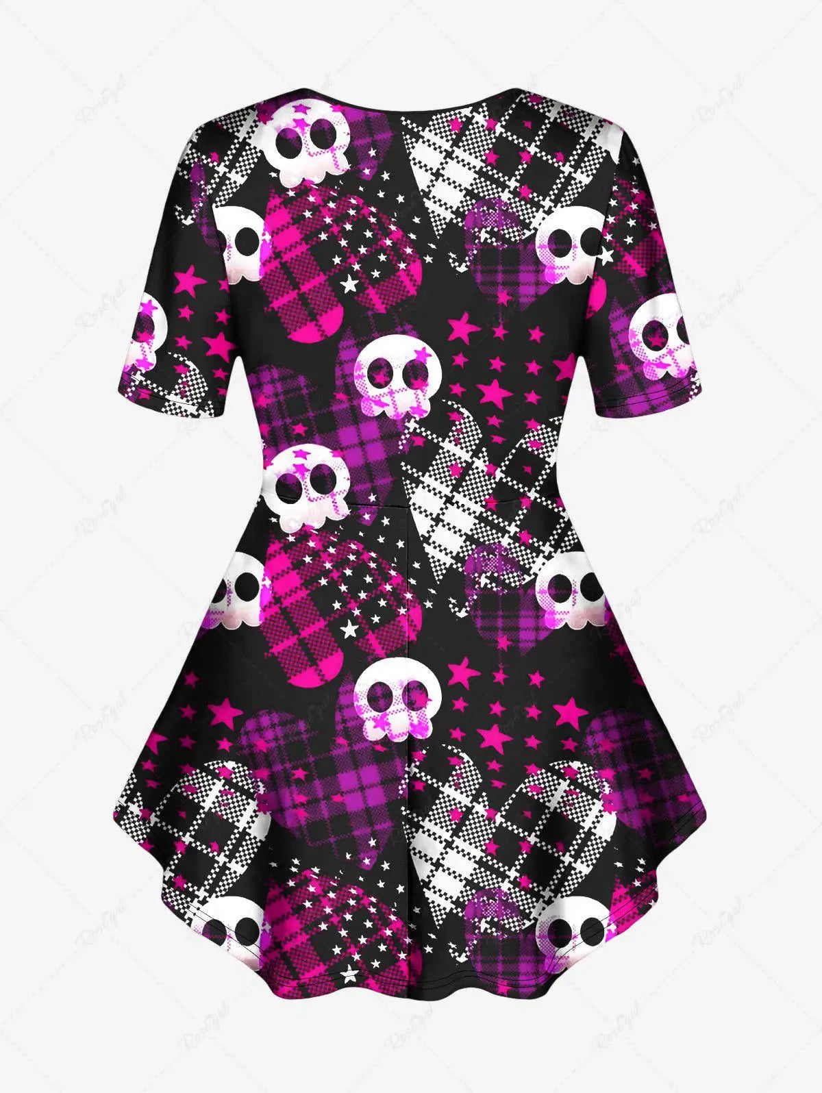 Plus Size Halloween Plaid Heart Cute Skull Stars Print Matching Set | Ruched T-Shirt or Flare Pants | Daily Casual Spring/Summer