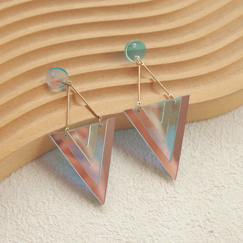 Fashion Laser Cut Geometric Acrylic Earrings - Exaggerated Reflective Inverted Triangle Long Dangle Earrings for Women