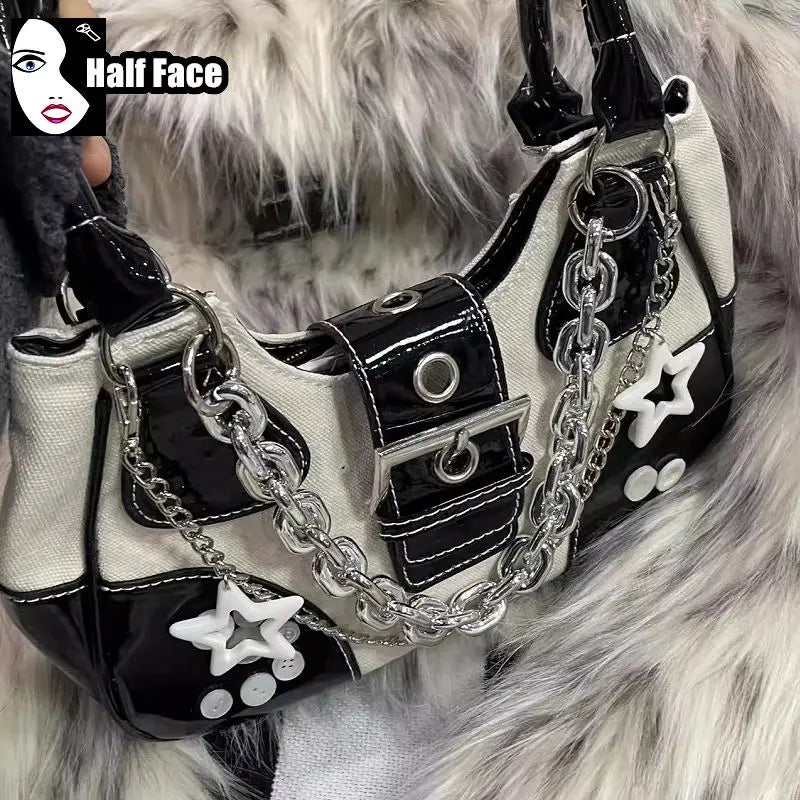 Black And White Punk Rock Color Block 90's Goth Tote Handbag