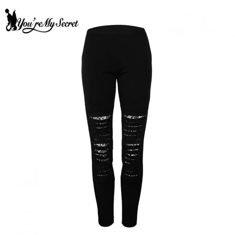 [You're My Secret] Shredded Leggings For Women Gothic Lace Workout Leggings Mid-Waist Slim Sexy Leggins Fitness Outside Legins