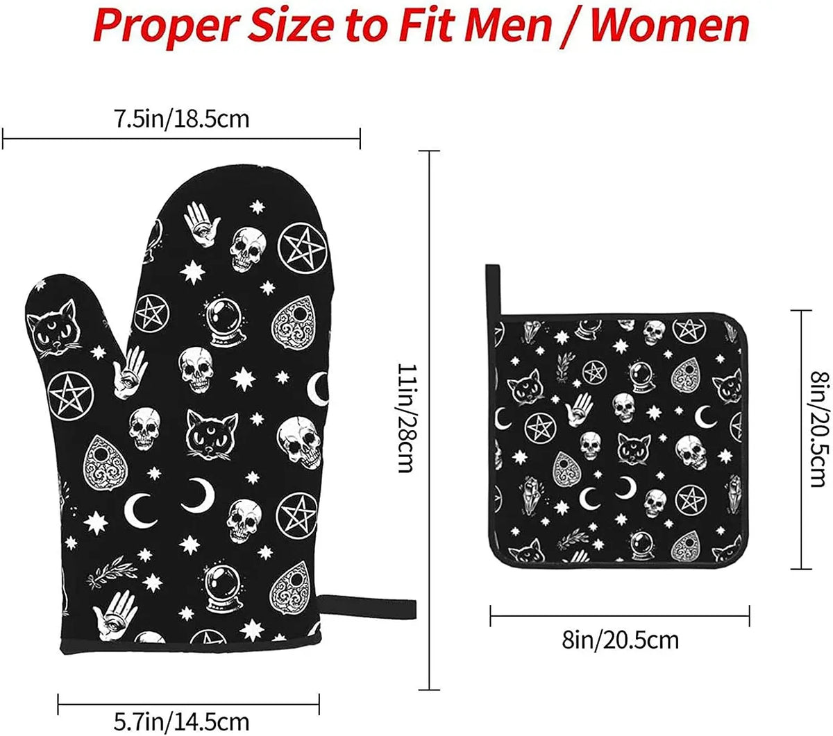 Skull Cat Moon Gothic Oven Mitts and Pot Holders Set | Heat Resistant Non-Slip Kitchen Gloves with Cotton Layer