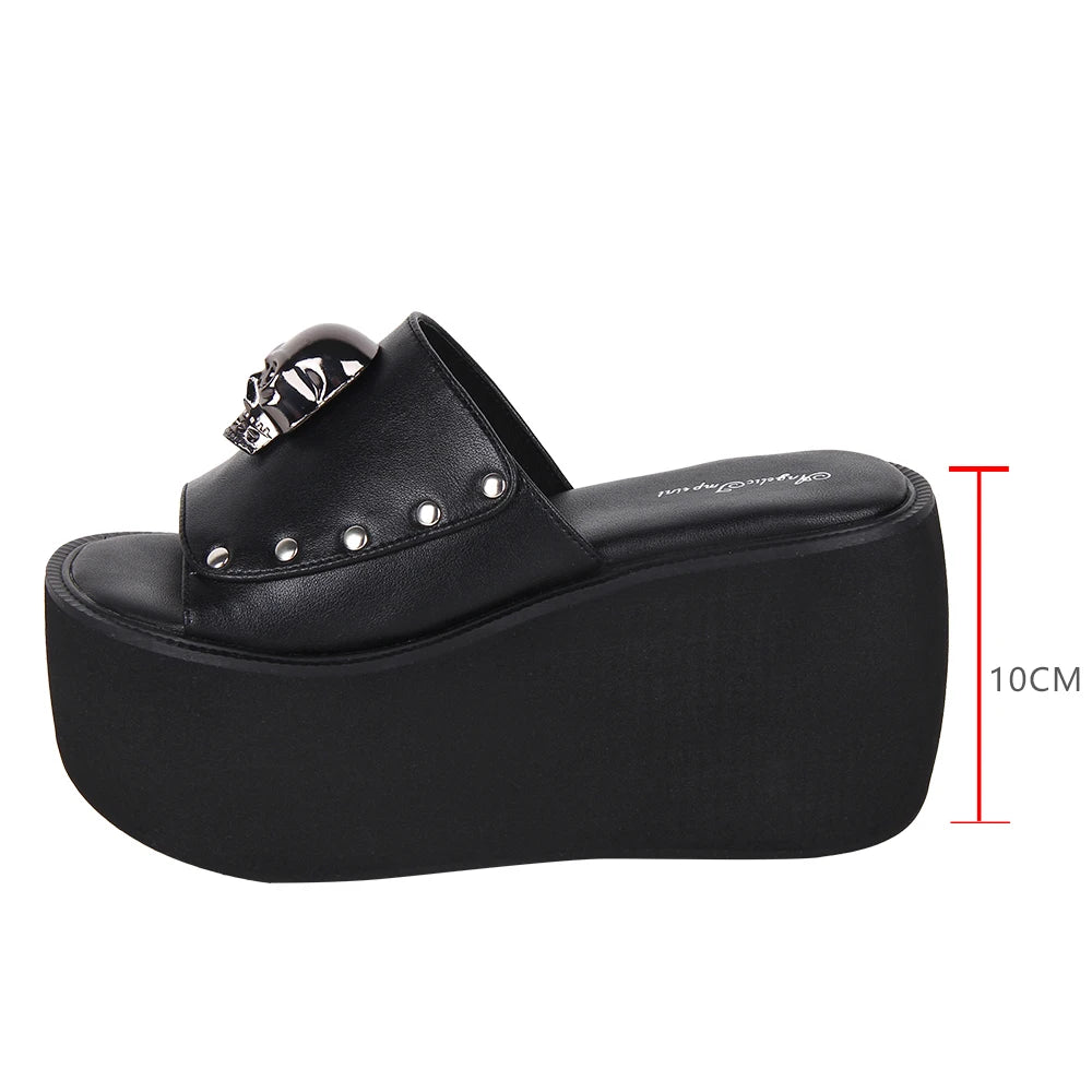 Women and Girls Lolita Punk Rock Slide Sandals - 10cm Platform Shoes with Skull Rivet Details