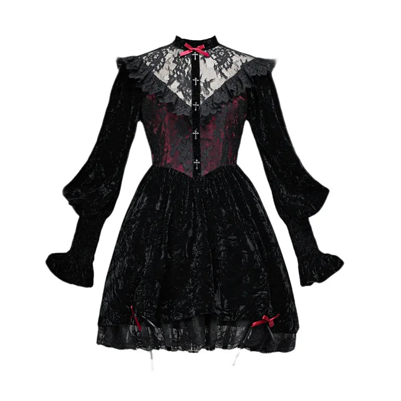 Blood Supply Original Rose Black Dress – Long Bubble Sleeve, Lace Patchwork, A-line Velvet Gothic Retro Dress for Autumn and Spring