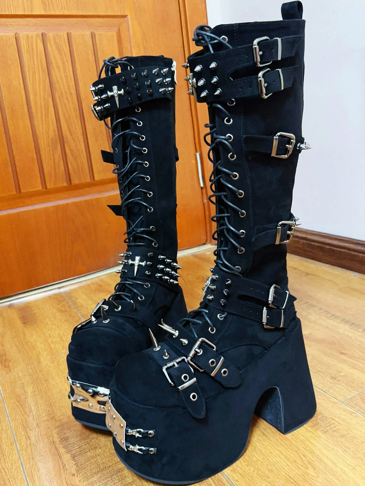 Women Motorcycle Boots woman high Heels pumps Lady knight boots girl punk Gothic long boots customized shoes rock heavy industry