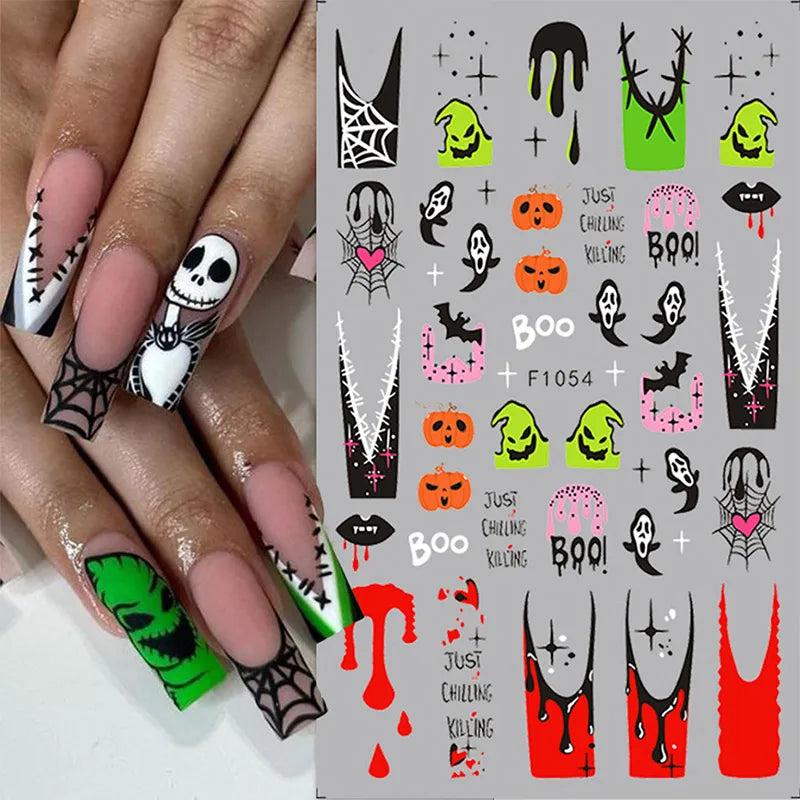 Halloween Kawaii Cartoon Cat Nail Stickers – Y2K Skull Bat Pumpkin Decal Kit for Nail Decoration Supplies