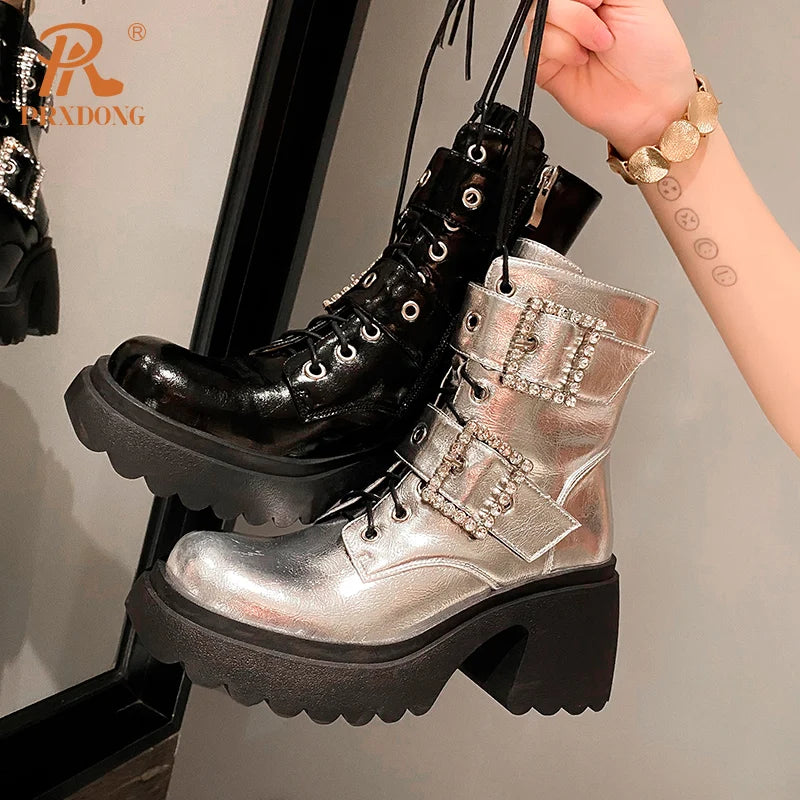 PRXDONG New Fashion Genuine Leather Women’s Ankle Boots - Autumn Winter Chunky High Heels Platform Punk Shoes in Black and Silver