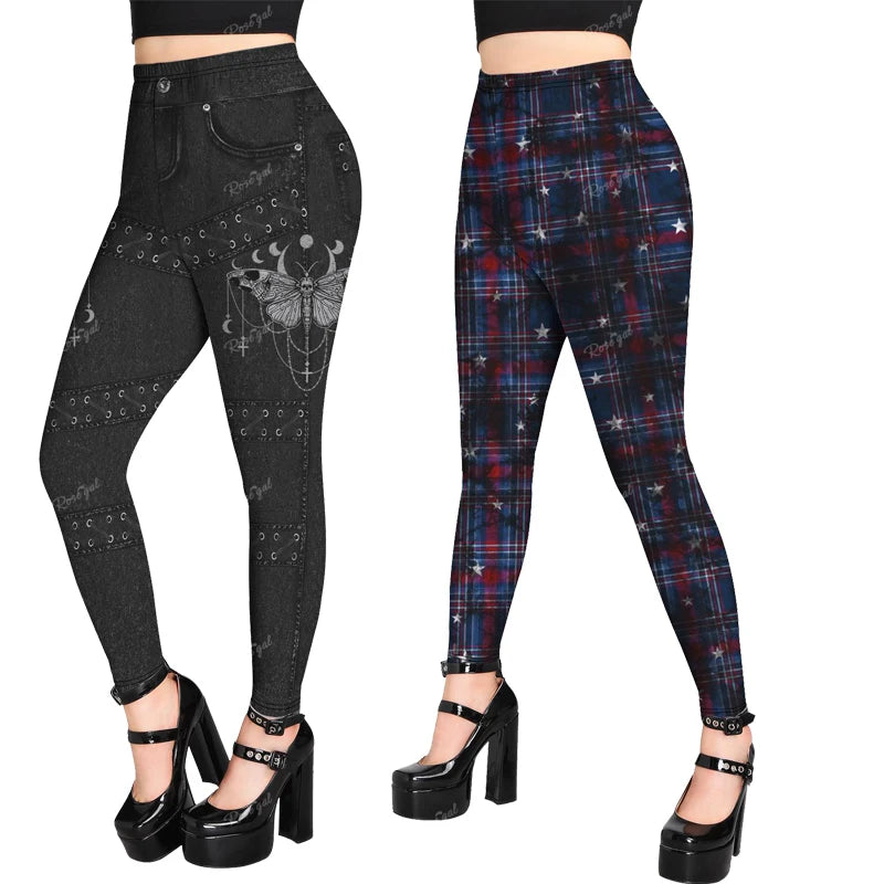 ROSEGAL Plus Size Gothic Leggings 3D Butterfly Jean Lace-up Printed Trousers S-5XL Women Streetwear Tight Pants Mujer