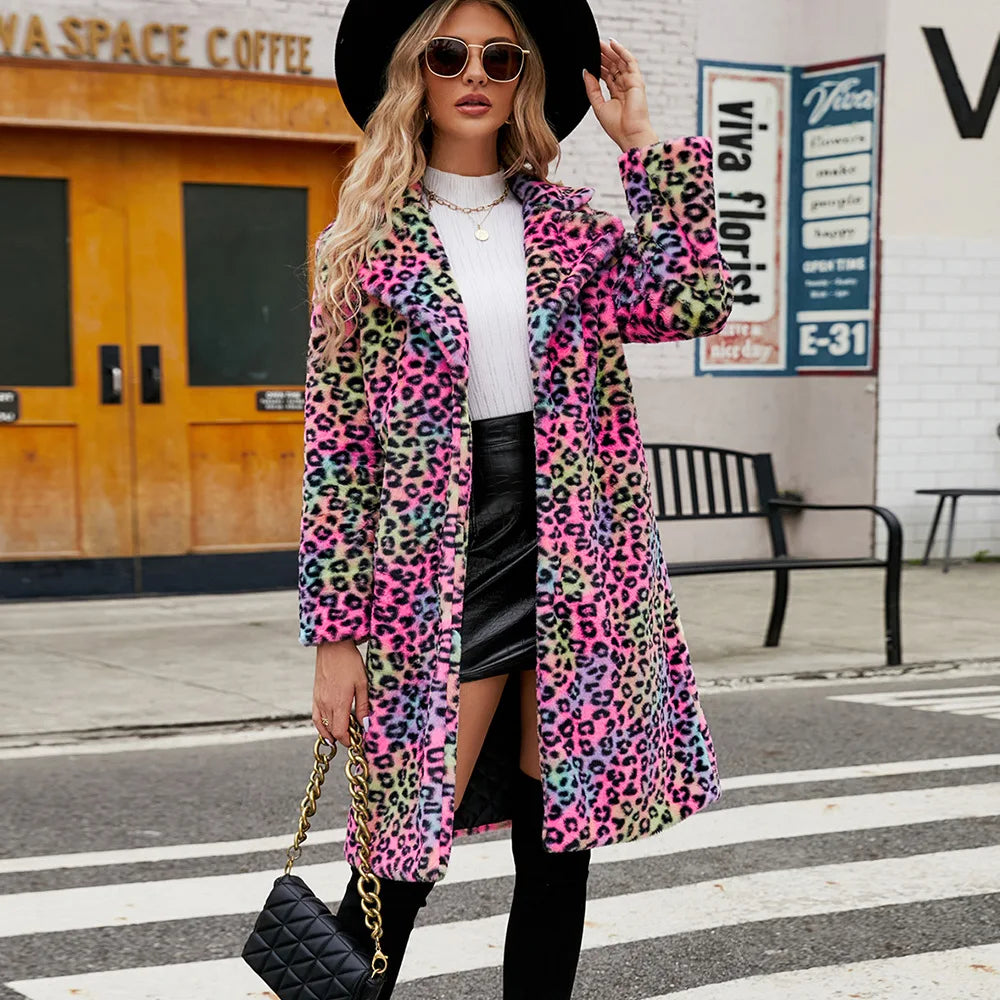 Autumn Winter 2024 Women’s Faux Fur Leopard Coat – Casual Long Plush Jacket with Square Collar