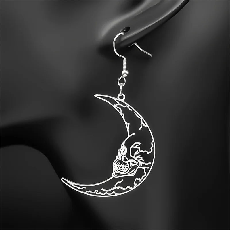 Gothic Skull Crescent Moon Stainless Steel Earrings - Punk Skeleton Black Drop Earrings for Women and Men, Goth Jewelry Gift