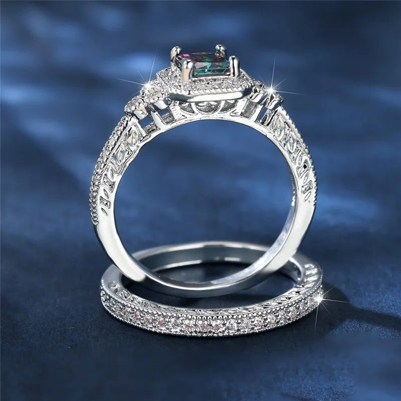 Luxury Crystal Rainbow Zircon Engagement Ring Set - Cute Wedding Jewelry for Women