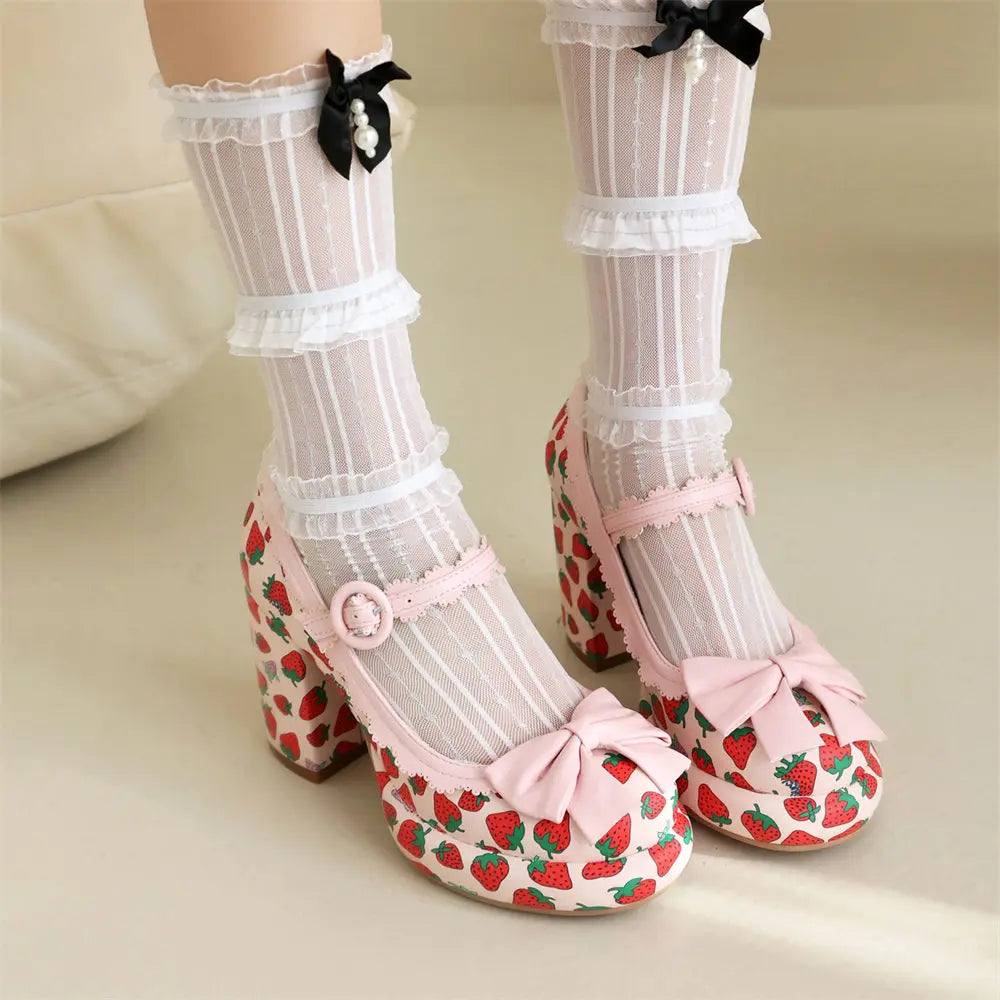 Women's Y2K Block High Heels – Sweet Strawberry Print Mary Jane Pumps, Black & Pink Platform Lolita Shoes